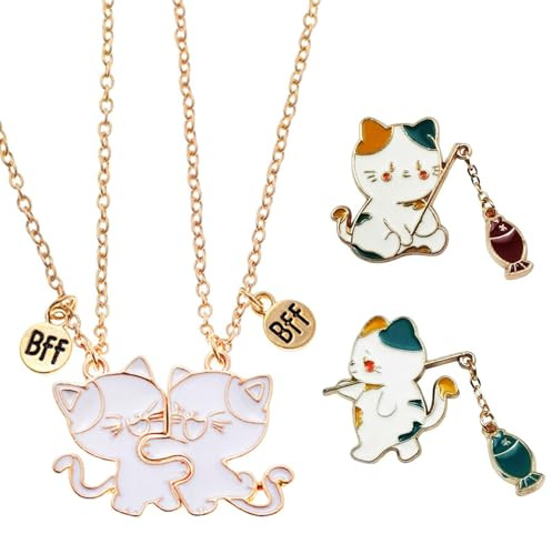 GDFHBD 1 Necklace Set, 2 Brooches, Friendship Blessing Necklace, Cat Pendant, Cat Fishing Badge, Couple Girlfriend Magnetic Necklace, Daily Clothing Accessories.