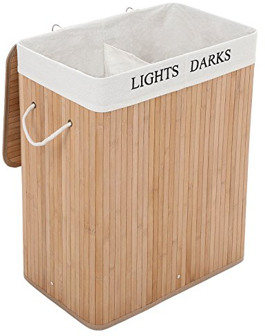 SONGMICS Cesto Portabiancheria, 100 L, Cesta per il Bucato a 2 Scomparti, in Bambù, Coperchio e Maniglie, Pieghevole, Sacchetto Estraibile e Lavabile, Lavanderia, Camera da Letto, Naturale LCB64Y