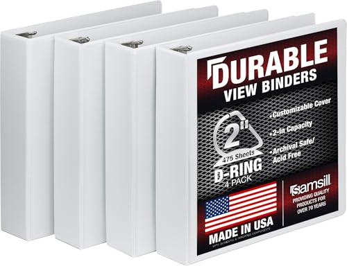 Samsill 3 Ring Durable View Ordner – 4 Pack, 5,1 cm Locking D-Ring, Antihaft-individualisierbar CLEAR VIEW Cover, weiß 5,08 cm (2 Zoll) 4-Pack weiß