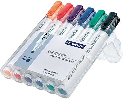Staedtler 351 WP6 Lumocolor Whiteboardmarker, 6 Stück in aufstellbarer Staedtler Box, farblich sortiert | 6er Marker Set | Keilspitze
