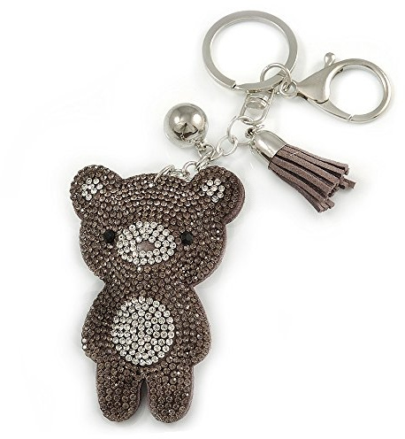 Avalaya Grey/Clear Crystal Baby Bear Keyring/Bag Charm In Silver Tone Metal - 13cm L