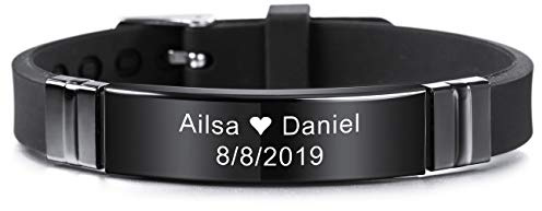 MeMeDIY Personalisierte Armband Gravur Namen Silikon Sport Handgelenk Identifikation ID Tag Armband Angepasst für Männer Frauen Kinder Edelstahl Gummi Einstellbare 13mm Breite