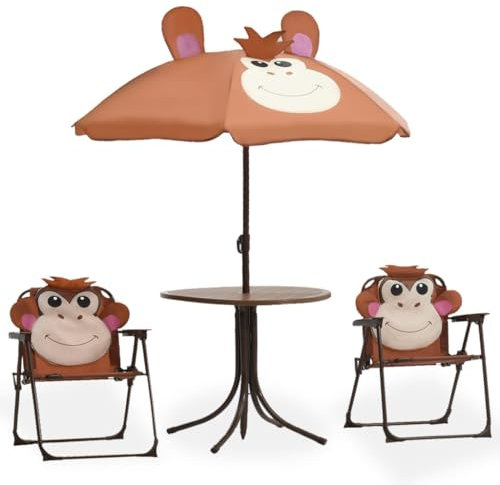 vidaXL Garten Bistroset 3-TLG. für Kinder mit Sonnenschirm Gartenmöbel Gartenset Sitzgruppe Sitzgarnitur Kindermöbel Tisch 2 Stühle Braun