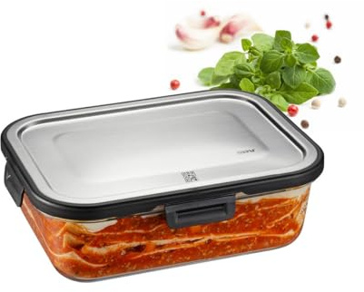 GEFU Frischhaltedose MILO - 1500 ml Glas Lunchbox & Tupperdose Rechteckig | Borosilikatglas Vorratsdose mit QR-Code App-Steuerung, Edelstahl-Deckel, Backofenfest, Mikrowellengeeignet & Luftdicht
