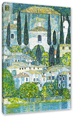 Pixxprint Gustav Klimt - Kirche in Cassone Landschaft mit Zypressen, Größe: 120x80cm, Leinwandbild, fertig gespannt, Wandbild, Dekoration, Kunstdruck, kein Poster