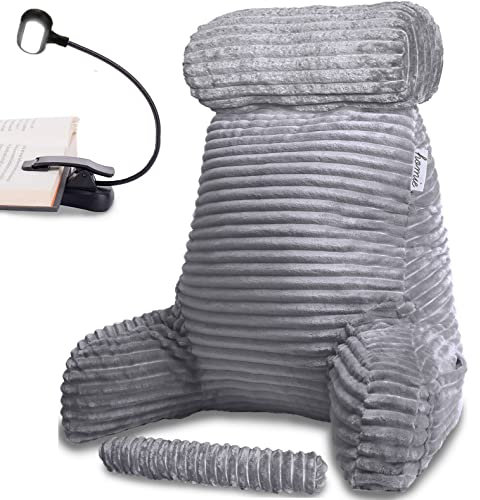 Homie Lesekissen mit Leselicht und Handgelenkstütze, hat Armlehnen und Rückenstütze für Bettruhe, Faulenzen, Lesen, Arbeiten am Laptop, Fernsehen (groß, grau)