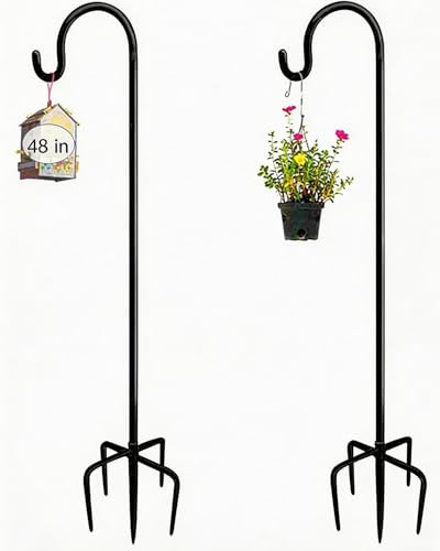 ADTSADDTO, Schäferstab-Haken, 2 Stück, 120 cm, verstellbare Höhe, mit 5-Zinken-Basis, Metall-Haken für Gartenleuchten, Laternen, Pflanzkörbe, 3-teilige Nähte
