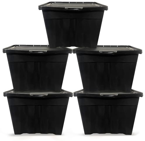30L Heavy Duty Storage Boxes, Black Plastic Storage Box w/ Attached Hinged Lid, Robust Black Storage Boxes with Lids - Fully Recycled, Ideal for Home & Office - Amazon Exclusive & Made in UK (5 Pack)