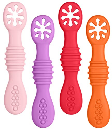 Vicloon 4 Pezzi Cucchiaino Svezzamento, 2 in 1 Cucchiaio per Pappa con Scanalature della Dentizione, Cucchiaio Silicone per Bambini Fase 1 + Fase 2, Consigliato da Esperti di Svezzamento, Stile Rosa