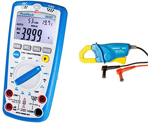PeakTech 3690 – Digitales 5-in-1 Multimeter, Luxmeter, Schallpegelmessgerät & Stromzangenadapter 200 A AC für Digitalmultimeter, 1 Stück, P 4200, Blau