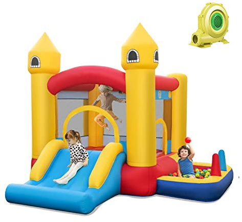 DREAMADE Aufblasbare Hüpfburg mit Gebläse, 4 in 1 Spielburg mit Rutsche & Sprungbereich & Bällepool, Hüpfschloss für Kinder ab 3 Jahren, 305 x 285 x 240 cm Hüpfburg Indoor/Outdoor