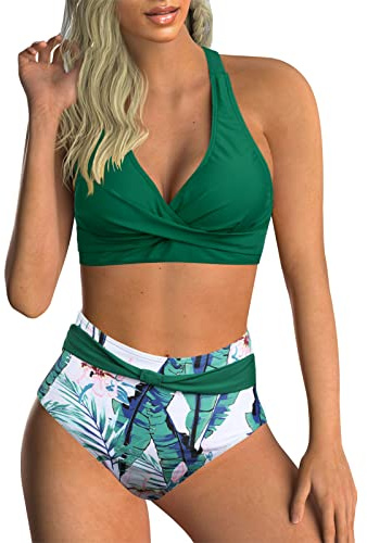 Adigaber Tvådelade baddräkter för kvinnor, bikini med överdel med korsande band, baddräkter med hög midja, magkontroll och vintagetryck, gröna löv, 3XL