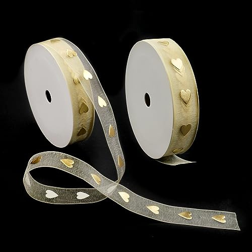 KiKiHong 2 Rollos Cinta Dorada de Satén Impresa Perfecto para Envolver Regalos Flores Fiestas de Bodas Manualidades (1.5cm x 9m)