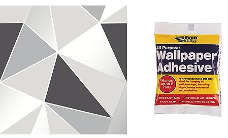 Fine Decor FD41994 UK Apex Geo Sidewall Wallpaper, Black/Silver & Everbuild All Purpose Wallpaper Paste Adhesive, Hangs Up to 5 Rolls