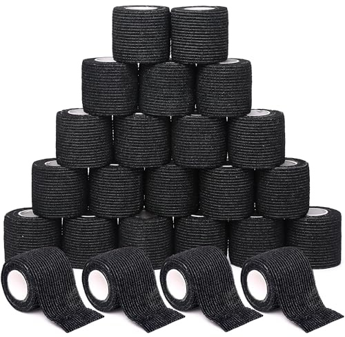 Lot de 24 rouleaux de bandage adhésif noir 5 cm x 4,5 m, bandage cohésif, bandage vétérinaire, idéal pour le sport, les premiers secours, le genou, la cheville et le poignet