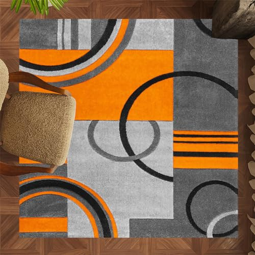 ARUGYTEI Teppich Quadratisch,Schwarz Grau Geometrisches Kreisdesign Modern, Orange,120 x 120 cm, Wohnzimmer Schlafzimmer Kinderzimmer