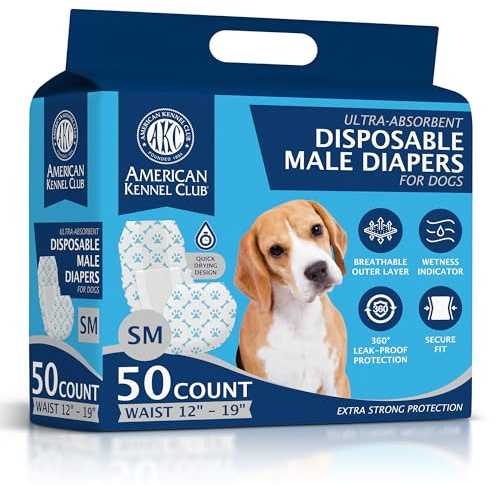 American Kennel Club Male Dog Wrap, Disposable Diapers with Wetness Indicator, Small, 50 Count