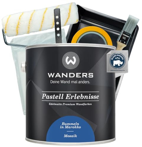 Wanders Pastell Erlebnisse Wandfarbe 2,5L (Mosaik, Blau) inkl. Streichset Basic – Premium Kreidefarbe, Leichte Anwendung, Hochdeckend, Ultramatt, Perfekt für Heim-DIY