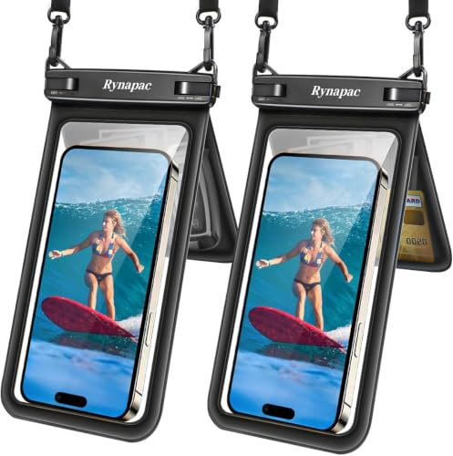 Rynapac IPX8 wasserdichte Handyhülle 2 Stück, bis zu 7,5 Zoll, Schwarz | Doppeltes Taschen, Hochsensibler Touch, mit Umhängeband, Wasserfeste Handytasche für iPhone 17 16 15 Pro Max Strand Schwimmen