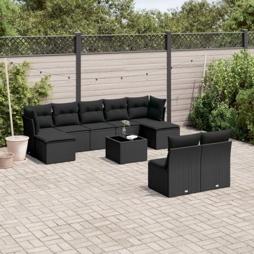 ULUYYUC 10-TLG. Garten-Sofagarnitur, Gartenbank Eckbank Küche Schlafsessel Mit Bettfunktion Bodensofa Geeignet für Außenbereich Garten Hinterhof Balkon mit Kissen Schwarz Poly Rattan