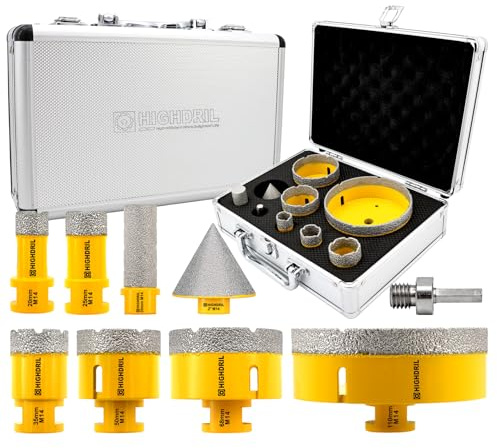 HIGHDRIL Diamond Hole Saw Kit - 20/25/35/50/68/110mm Drill Bits+20mm Finger Bits+50mm Chamfer Bit+Adapter,9Pcs Diamond Core Drill Bit Set for Porcelain Ceramic Tile Granite Marble