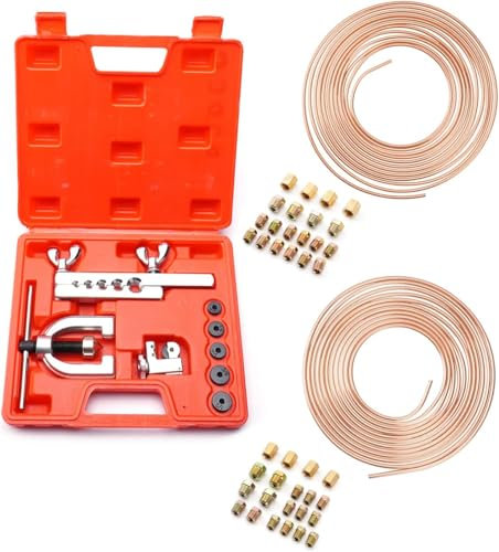 Lpraer 50Pcs Bremsleitung Bördelgerät Kit, Doppelt und Einfach Bördelgerät Werkzeugsatz zum Aufweiten, 7,62m Ø 4,87mm + 7,62m Ø 7,48mm Bremsleitung mit 32 Anschlüssen+8 Verbinder für die Meisten Brems
