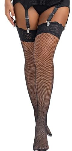 ohmydear Plus Size Fishnet Hold Up Stockings for Women Sexy Lace Top Silicone Anti-Slip Thigh Highs Stay Up Fish Net Holdups Lingerie Elastic Black Fishnets Stocking, 3XL-5XL