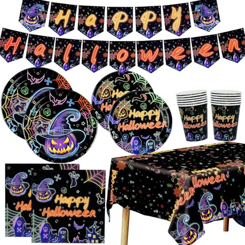 MORAINJAY 85P Neon Halloween Party Tableware Set,Glow Happy Halloween Party Dinnerware Set with Tablecloth,Plates,Napkins,Cups,Banners for Table Decors,Party Supplies for 16 Guests
