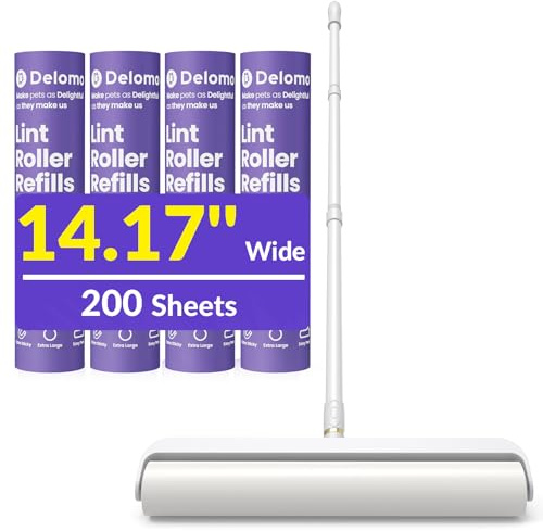 DELOMO 14.17” Large Lint Roller for Pet Hair, Long Handle for Floor, Carpet | 45” Long Lint Roller, 360 Extra Sticky Sheets, No-Bend Cleaning for Couches, Bedding, Car Seats, Rugs and Furniture