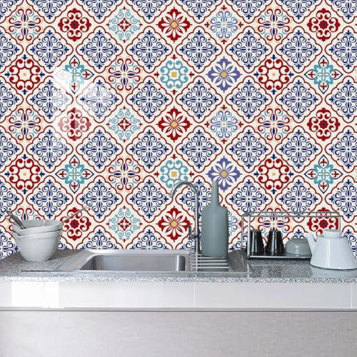 Tile Stickers 20x20 cm Red Purple Retro Self Adhesive Wall Tiles Waterproof Stick on Tiles Bathroom Kitchen Tile Stickers Stick on Wall Tiles Decor Self Adhesive Tiles 10 Pcs