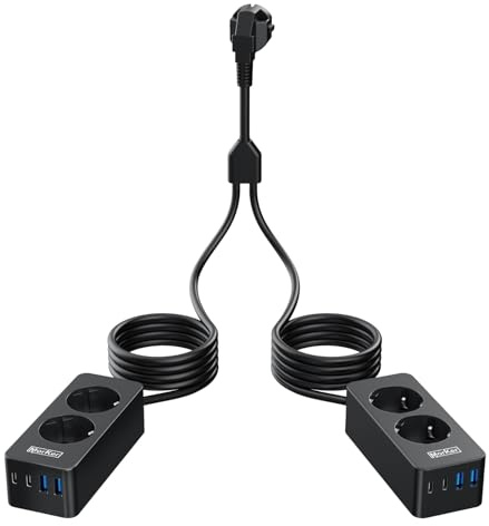 Alargador Enchufe Doble con 2 Regletas Independientes (2x2m) – Solución para Habitaciones con Pocos Enchufes – Enchufe Múltiple con 4 Tomas AC, 4 USB-A y 4 USB-C – Ladron 2 Enchufes