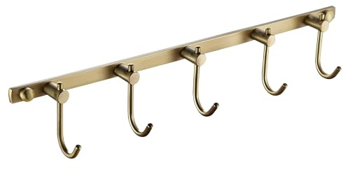 WINCASE Antique Brass Towel Hook, Brushed Brass Wall Hook Rail, 5 Hooks Antique Coat Hook Rail Hanger Bathroom Robe Hooks Rack Wall Mounted