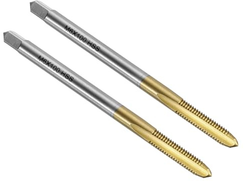 QUARKZMAN Taraud Droit M6 x 1 Métrique Revêtu Titane Taraudage 2 Pcs | Outil de Filetage, Acier Rapide 6542 (HSS 6542), 100mm Extra Long, pour Machine à Fileter