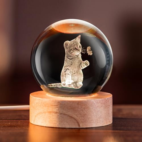 IFOLAINA Cat Lover Gifts for Women Birthday 3D Cat with Butterfly in Crystal Ball Decor Cat Collectibles Snow Globes Gift for Wife Mum Glass Sphere Home Decor with Wooden Light Base