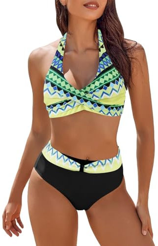 Surttan Bikini Damen Set Schwarz,Zweiteiliger Badeanzug Sexy V Ausschnitt überkreuztes Blumenmuster Bikini Bademode High Waist Bademoden Bauchkontrolle Bikini Sets Badebekleidung S-5XL