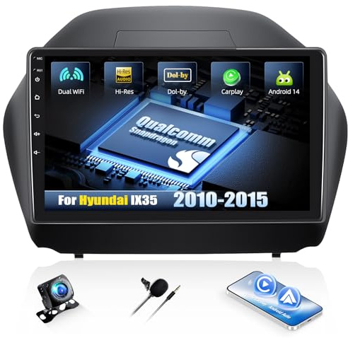 CAMECHO Qualcomm 8 Core 4G+64G Android 15 Autoradio para Hyundai IX35 2010-2015, Doble DIN Radio con 9 Pulgadas Touchscreen Soporta CarPlay,Dual WiFi,GPS,Bluetooth5.1, Dolby/Hi-Res+Cámara Trasera