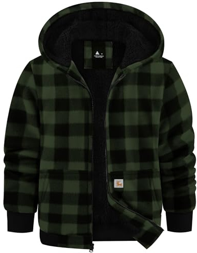 zitysport Boy Fleece Jacket Kids Winter Plaid Full-Zip Hoodie Fleece Lined Sherpa Sweatshirt Boy's Jacket Soft Warm Hooded Flannel Jacket for Children (XL, Green)