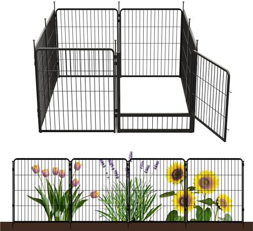 Decorative Garden Fence with Gate 80 cm(H) x 5.4 m(L) 8 Panels, Heavy Duty Metal Animal Barrier Fence for Yard, Flower Bed Fencing, Garden Border Fences, Easy Set Up, Black
