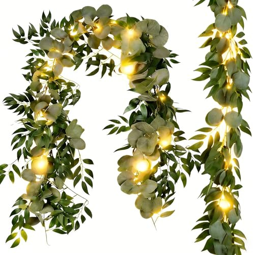 Cekene 2 Pcs 13Ft Artificial Eucalyptus Garland with Willow Leaves 40 LED Lights Fake Hanging Greenery Vines Table Runner Garland Decorative Artificial Green Plants for Wedding Arch Wall Party Decor