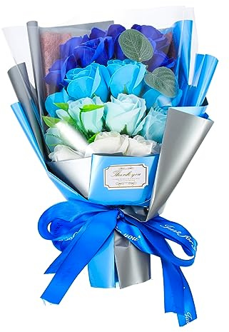 Alipis Ramo de Flores de Jabón Artificial con Rosas Decoración para San Valentín y Caja de con Diseño Elegante Gradiente Azul