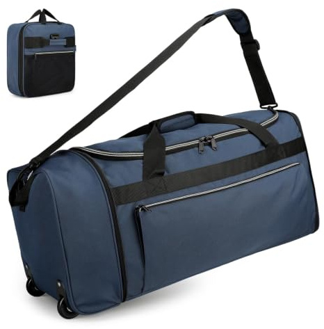 Uarition 80L Foldable Rolling Duffle Bag with Wheels, 28” Large Duffle Bag for Travel, Carry On Luggage Duffel Bag for Traveling/Camping/Moving, Water Resistant, Blue