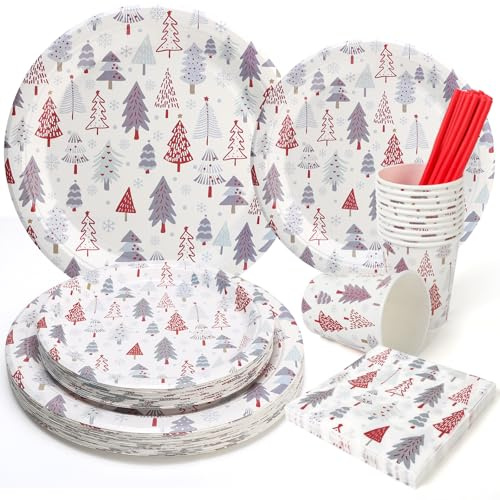 PARTY GO 125PCS Christmas Party Tableware, Red Paper Plates Cups and Napkins Straws, White Christmas Tree Dinner Set Disposable Supplies Packs for Xmas Decorations Serves 25 Guests