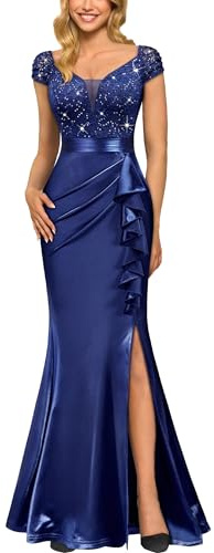 MIUSOL - Abito da donna elegante, floreale, in pizzo con paillette, a maniche corte, a coda di pesce, da ballo, cocktail, festa maxi, blu navy, M
