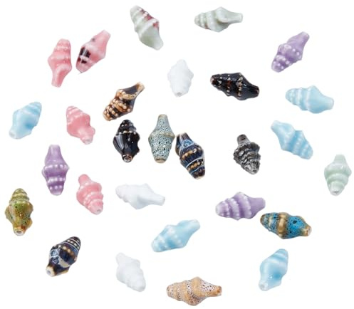 PONABEADIY 40 Stück Handgefertigte Muschelperlen Für Die Schmuckherstellung | 1 Box Keramik Sommer Ozean Thema Tier Bunt Porzellan Muschel Anhänger Lose Abstandsperlen für DIY Armbänder Bastelbedarf