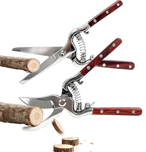 2 Pack Garden Secateurs, 8 Bypass Pruning Shears and Straight Garden Scissors, Shears with Stainless Steel Blades Garden, Safety Lock, Wooden Handle, for Trimming Plants, Picking Fruits