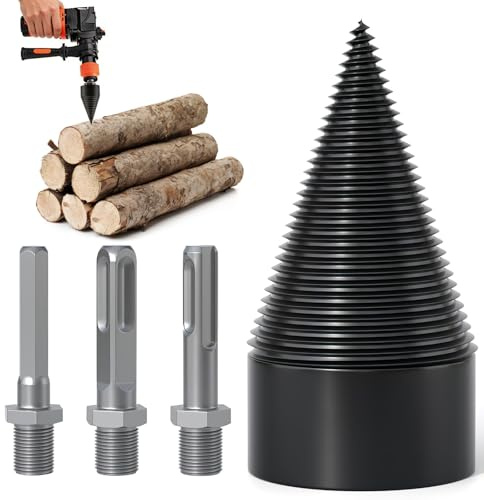 GHUAP Foret Fendre Bois de 32 mm avec 3 Queues, Cone Fendeur deBois, Mèche Fendre le Bois, Cône Fileté, Foret Fendeur Buche, Cône de Perçage et de Fendage, pour Fendage duBois et Travaux Forestiers