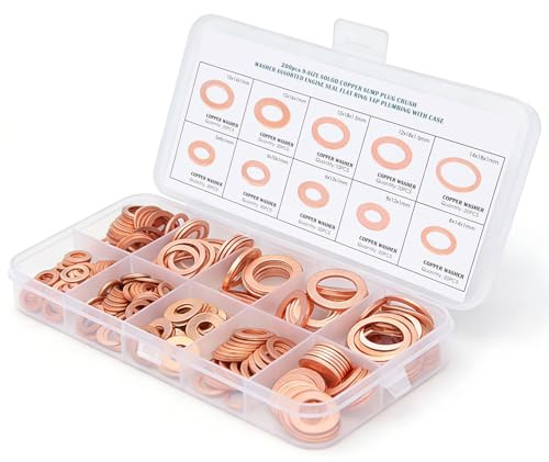 200 Stück Kupfer Flach Dichtungsringe Set,9 Größen Dichtring Sortiment Kit,Flach Unterlegscheiben, Kupferdichtringe Sortiment,Kupfer Ölablassschraube Dichtung mit Box M5 M6 M8 M10 M12 M14 für Motorrad