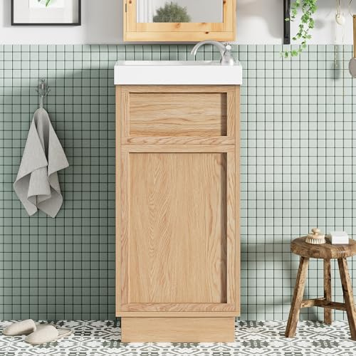 YAFANEX 16 Resin Sink Bathroom Storage Cabinet, Freestanding Bathroom Vanity Cabinet with Push-to-Open Door, Waterproof Bathroom Cabinet with Reversible Door, Wood