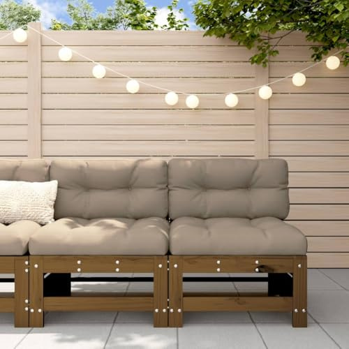 Zentexion Divano centrale con cuscino, 2 pezzi, marrone miele, in legno massello di pino, divano da giardino, per esterni, divano per terrazza, gruppo di sedute modulare, espandibile e confortevole