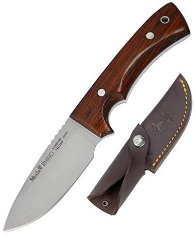Muela Cuchillo Rhino RHINO-9CO hoja de acero ACX-380 de 9 cm y empuñadura de cocobolo para Caza, Pesca, Supervivencia y Bushcraft Realizado en Ciudad Real + Portabotellas de regalo